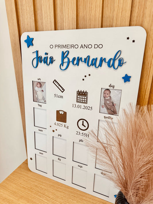 Quadro "O meu primeiro Ano" com detalhes do nascimento